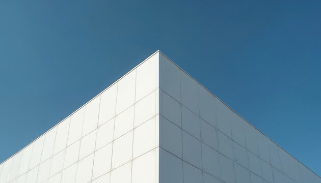 Modern architecture abstract photo. White building corner against vibrant blue sky backdrop. Minimalist design aesthetics for backdrop. Architectural concept with clear empty copy space. Geometric
