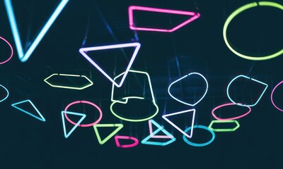 Floating, colorful neon shapes, different sizes, hanging against dark backdrop, illuminated