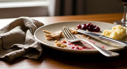 Empty or Leftover Plate After Thanksgiving or Holiday Meal with Scraps, Fork, and Knife
