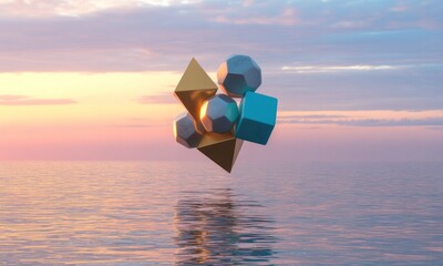 Floating geometric shapes, including a gold tetrahedron and others, against a sunset sky over water