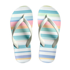 Two pastel-striped flip-flops with white straps isolated on a black background
