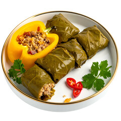 Close-up of a white plate with stuffed grape leaves, bell pepper, and garnish