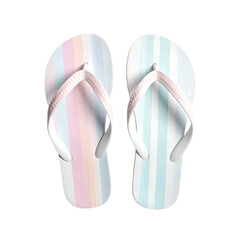 Pastel striped flip-flops on a stark black background, top view