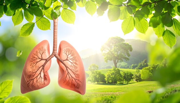 A depiction of healthy lungs suspended amidst lush greenery and a bright, sunny landscape. The image showcases nature's vitality