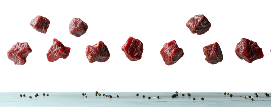 Flying raw beef cubes over peppercorns on a bright, flat surface