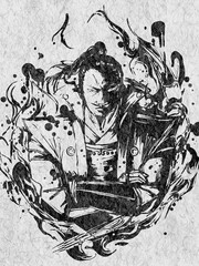 Naklejka premium Demon King of the Sixth Heaven – Ink Wash Painting of a Samurai Lord