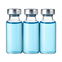Three glass vials with silver caps filled with a clear, light blue liquid