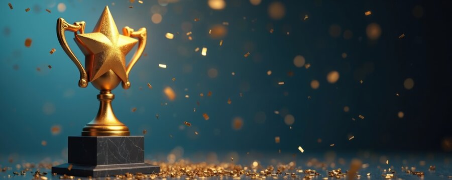 Golden star cup on dark blue. Confetti falls, floats. Trophy sits on marble base, symbol of winning, success. Reward for excellence, top performance in business, sport or educational competition.