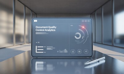 Futuristic, transparent screen with analytics and graphs, set in a modern office space