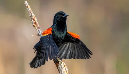 A striking bird with vibrant red shoulder patches perches on a bare branch. Its wings are spread, showing its dark feathers