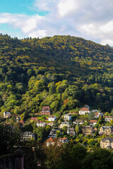 shot from distance showing a small german village laying within green mountains on a misty autumn day 