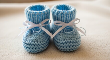 Adorable Blue Knitted Baby Booties with White Ribbons on Soft Surface.