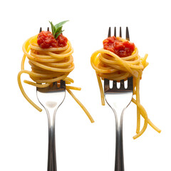 Two forks, each holding spaghetti twirled with sauce, one garnished with basil