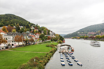 panoramic view of a river with its old bridge running through a valley surrounded by green mountains in heidelberg, germany with a lush green meadow coast