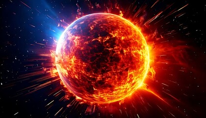 Obraz premium A fiery celestial body with radiating energy, set against a cosmic backdrop of stars and blue-tinged light. Intense heat and light emanate