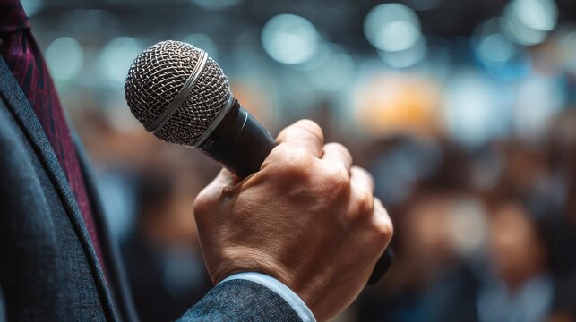 Speaker holding a microphone prepares to address an audience during a conference or seminar event in a large indoor venue