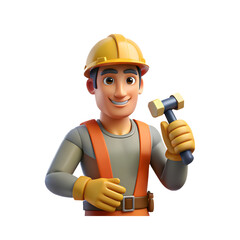 3D Cartoon Construction Worker Holding Hammer on White Background Smiling Construction Professional Illustration of Building, Repair, and Craftsmanship