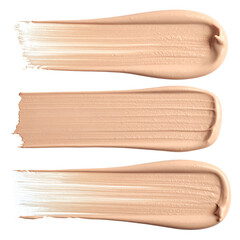 Three cosmetic foundation swatches in varying light beige tones, textured and opaque