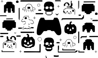 Silhouettes of people and icons with funny cartoon design and black Halloween elements