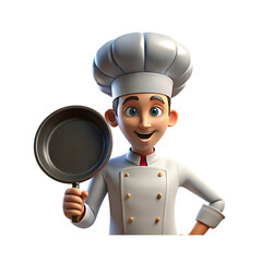 Delightful 3D Chef Character with Frying Pan Illustration Profession Culinary Concept Restaurant Fine Dining Gourmet Food Preparation Cooking Master Chef Toque Presentation
