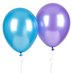Two shiny, round balloons in light blue and purple, floating with ribbons against black