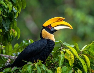 A striking close-up showcases a large, exotic bird with black plumage and a vibrant yellow casque and beak, perched amid lush green foliage