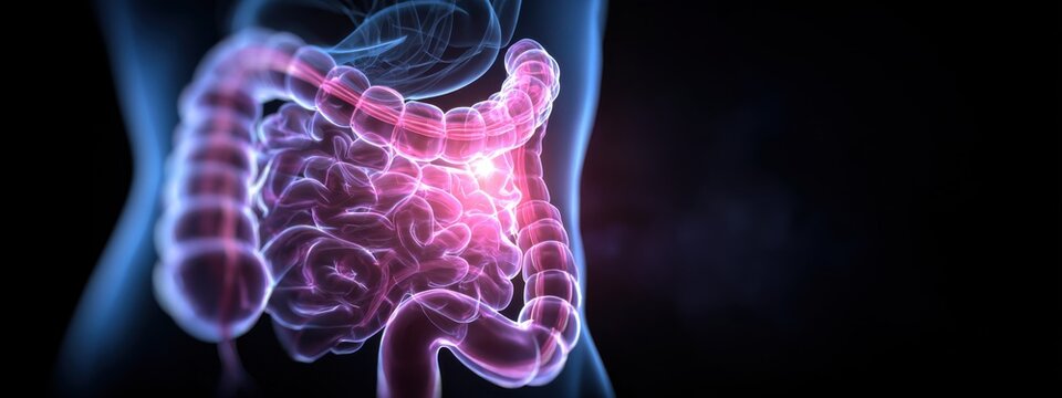 Detailed illustration of the human digestive system showing internal organs and their functions in a vibrant, glowing format