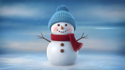 A cheerful 3D rendered snowman, wearing a cozy blue knit hat and a vibrant red scarf, stands happily in a pristine snowy winter scene, capturing the festive holiday joy and cold weather fun