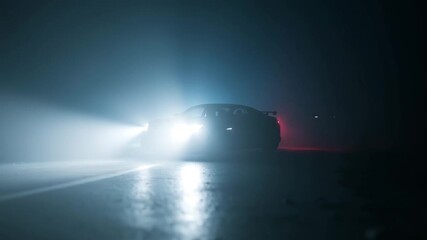 Car headlights shining through fog on a dark road  