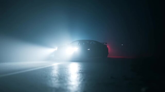 Car headlights shining through fog on a dark road  