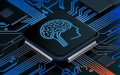 Digital brain on a microchip circuit board, representing artificial intelligence and technological advancement