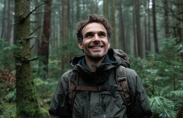 Obraz premium Smiling Hiker Enjoys the Rain in a Lush Forest During an Adventurous Outdoor Expedition