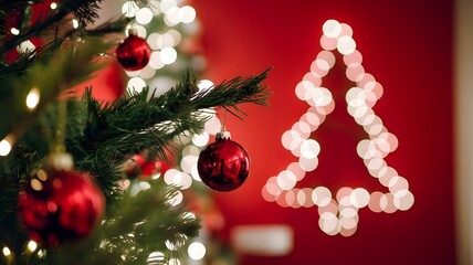 Christmas Tree with Ornaments and Bokeh Lights Against Red Wall Background