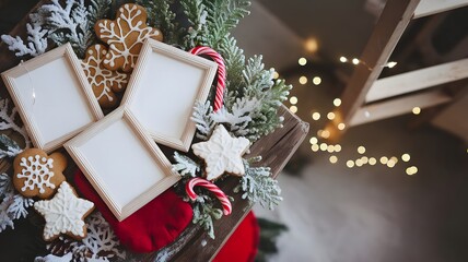 Festive Holiday Display with Gingerbread Cookies, Empty Photo Frames, and Winter Decorations, Perfect for Seasonal Greetings, Craft Projects, and Cozy Ambiance
