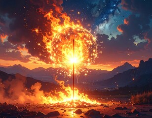 A fiery celestial sphere erupts above a mountain range, a pillar of light ascending to the heavens at dusk
