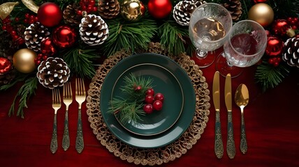 Elegant Christmas dinner table setting with festive decorations and place setting