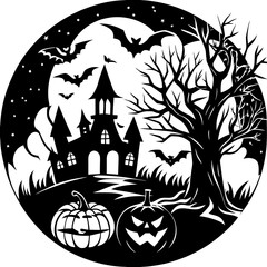 Spooky halloween haunted house silhouette vector illustration with pumpkins and bats scalable art silhouette White background