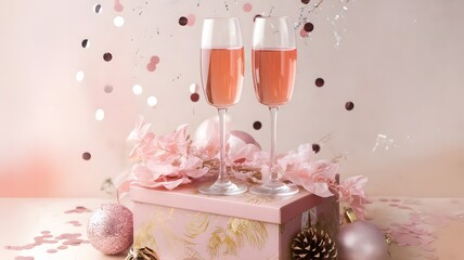 Celebratory Champagne Toast Pink Bubbles and Festive Decorations for Special Occasions