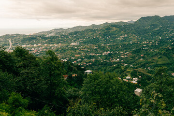 Fototapeta premium travel to Georgia - green trees and view of Batumi city with suburb from Sameba hill on autumn day