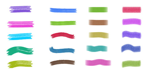 Set of colorful brush strokes and marker highlights, Collection of hand-drawn textures, paint swatches, and scribbles for artistic backgrounds and design elements