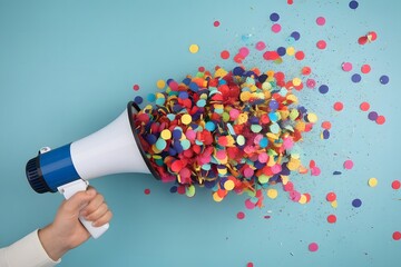 A hand holding a megaphone releasing a colorful explosion of confetti against a bright blue background, celebrating an event or announcement