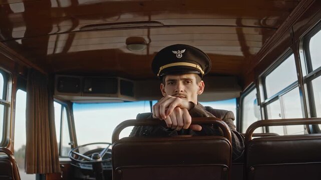 Young man in vintage bus driver uniform sitting behind steering wheel inside classic bus portrait and front view transportation worker in retro vehicle