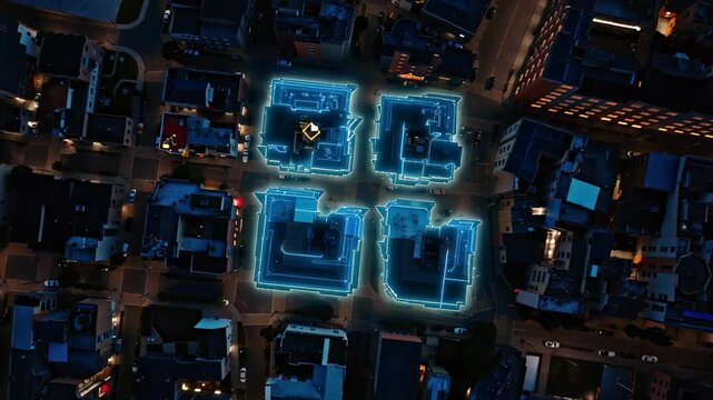 Full fibre broadband Phygital Squarespace designer Bidirectional charging Ai room planner Zillow 3D Vergesense Gridbeyond Blueground Signify City aerial view at night with moving traffic and glowing 