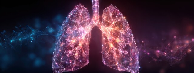 Visual representation of human lungs in a colorful interconnected network of lines and dots, showcasing health and respiration
