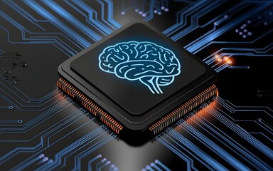 Conceptual illustration of advanced artificial intelligence, featuring a glowing digital brain on a futuristic microprocessor chip