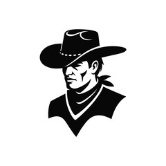 Black and white illustration of a rugged cowboy wearing a hat and bandana