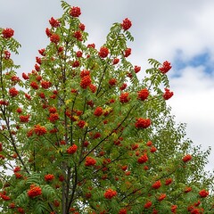 Rowan Tree in Autumn - Vibrant Red Berries Against a Cloudy Sky.