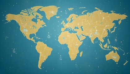 A stylized world map in yellow on a teal blue background, featuring network-like connections and digital symbols. It represents global communication, connectivity, and modern data exchange