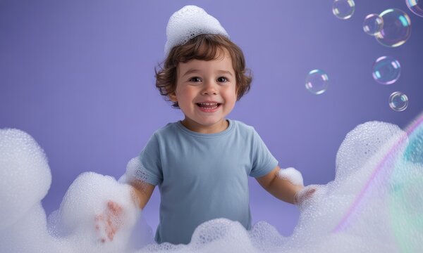 Smiling toddler with soap on head and hands amidst bubbles against purple background