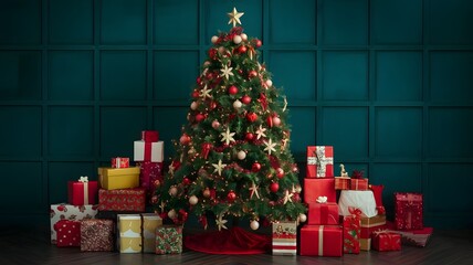 Festive Christmas Tree Surrounded by Wrapped Presents Under Soft Lighting